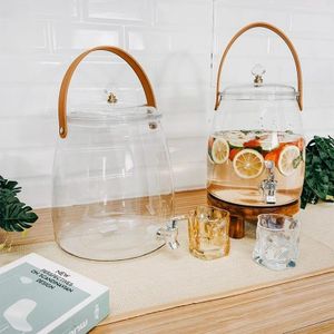 1 Piece Of 3L Drinks Beverage Dispenser With Tap And Leather Handle Juice Jug Glass Water Pot- Transparent.