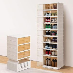 Foldable shoe cabinet features 9 layers and clear doors.