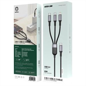 Green Lion 3-in-1 USB-C Fast Charging Cable – USB-C to Dual USB-C & Lightning (60W, 1 Meter)