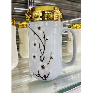 Milda Ceramic Coffee Mug Tea Cup Milk Mug White Decal with mirror lid 400 ml