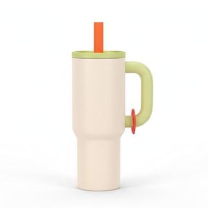 Vacuum Insulated Stainless Steel Tumbler with Handle & Straw, Leakproof Travel Cup - Light Beige.