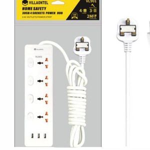 VILLAON VL901 - 4Way Heavy Duty Extension Longlasting Cable with 3 USB Ports - White