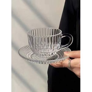 6 Pieces Of Clear Ribbed Glass Tea Cups And Saucers Sets Coffee Mugs High Temperature Resistance Tea Cup Gift
