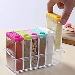 6 pcs Transparent Spice Jars Dispenser Masala Rack Easy Flow Condiment Storage Crystal Seasoning Box Spice Rack Pepper Salt Spice Masala Box Spices Case Kitchen Dining Storage BBQ Spice Tins Containers with Tray and 2 Kinds of Outlet Holes