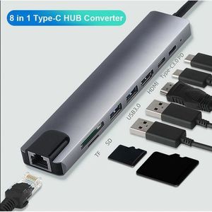 Hub 8 in 1 USB C Hub Multiport Adapter Type C To USB-C 4K HDMI Adapter USB 3.0 Cable For Macbook - Grey