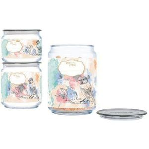 Luminarc 3 Piece Happy Bird Sugar Bowl, Food Storage Jar Container Set, Colourless.