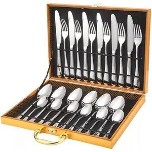 Stainless steel cutlery set in a wooden case.