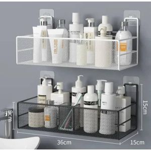 A Set of two wall-mounted mesh bathroom shelves.