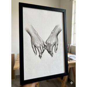 Original Black & White love Hand Connection Sketch Minimalist Framed Wall Art