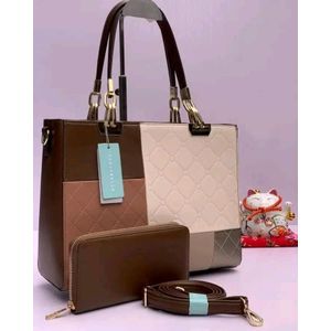 CHRISBELLA Elegant multi tone leather handbag in brown beige pink and cream color blocks 