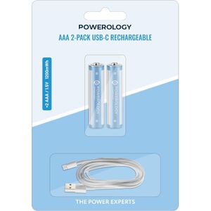Powerology AAA Lithium-Ion Rechargeable Batteries with USB-C (1200mWh),1.5V Rated Voltage,USB-C charging port, 2-hour charging time,for remotes, toys, and flashlights (AAA)