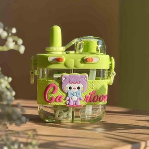 800ml Children's Cute Dual Use Cartoon Dual Juice Water Milk Drink Bottle Food Grade Split Cup With Silicone Straw Kids Baby portable Strap Student Jug Pot- Multicolor
