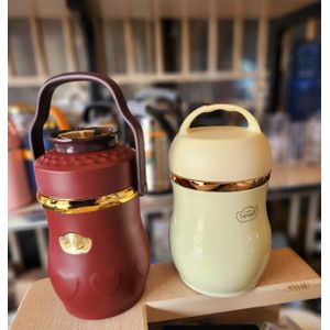 Portable Insulated Thermal Food Container / Flask – Stainless Steel Hot Pot Food Carrier with Gold Trim & Handle
