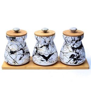 Set of 3 Sugar Tea Coffee Ceramic Marble Print Storage canister With Bamboo Lid And Holder
