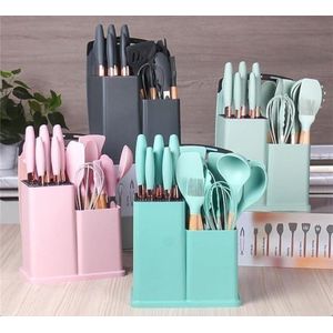 19pcs Kitchen Cooking Utensils And Knife Set With Block, Including 11pcs Silicone Cooking Utensils Set 5 Pieces Sharp Stainless Steel Chef Knives Scissors Tongs And Cutting Board (Multcolour)