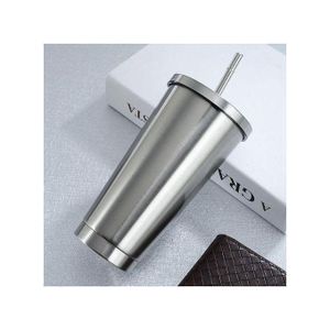 Stainless Steel 500ml Coffee Mug With Lid Tea Cup Thermos Beer Travel Tumbler With Straw- Silver