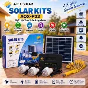 General Solar Home Lighting Kit – 5W Solar Panel, 3 LED Bulbs, Rechargeable Battery & Mobile Phone Charging