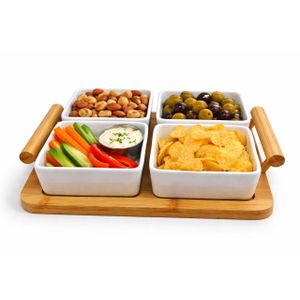 4 Piece Ceramic Snack Food Storage Dip Bowl Plates Fruit Trays Serving Platter Tapas Organizer With Bamboo Stand