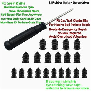 21Pcs Black Rubber tire Repair Nail Kit, Small & Large Size with Screwdriver, Tubeless Tire Puncture Repair for Motorcycle, Car & Electric Bike