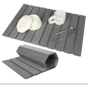 Diatomaceous Earth Stone Dish Drying Mat 60×39cm – Foldable Water Absorbing Kitchen Counter Drying Pad – Dark Gray