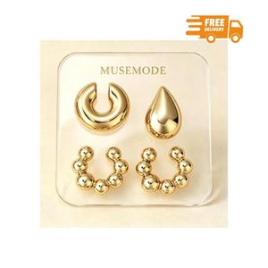 4Pcs Hiphop Gold Plated Ear Set for Women,1 Stud &3 Non‑Pierced Clip‑On Ear Cuffs Zinc Alloy