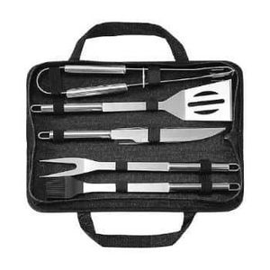Stainless Steel BBQ Grill Tool Kit 5 PCS Set : Tong, Meat Fork, Basting Brush, Spatula, Knife + Carrying Bag for Picnic Camping Barbeque Cooking Grilling Utensils Set for Outdoor Grill 