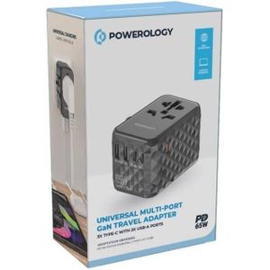 Powerology Universal Multi-Port Travel Adapter PD 65W ( 3X Type-C / 2X USB-A Ports