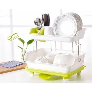2 Layer Plastic  Dish Drying Draining Rack Storage Tray- Green