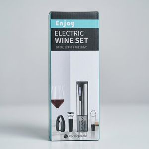 Enjoy 4-in-1 Rechargeable Electric Wine Opener Set With Foil Cutter, Aerator Pourer & Vacuum Stopper - Automatic Corkscrew Wine Accessory Gift Kit (Black & Silver)   