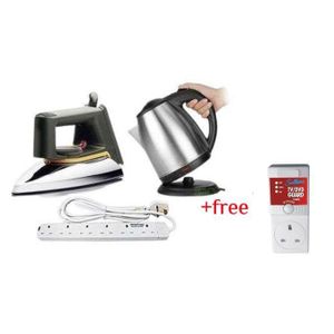  6 Way Extension Cable, Electric Kettle 2L & Flat Iron, Plus A Free TV Guard - Silver, White