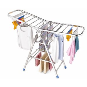 3-Tier Indoor Clothes Drying Rack seen in the image is an adjustable, heavy-duty stainless steel laundry airer. It features multiple hanging rails, telescopic wings for extended capacity, and smooth wheels for easy portability