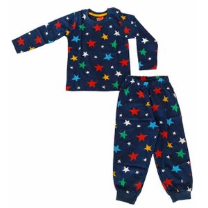 Long sleeved round neck unisex pyjamas with multi colored bright star shapes Navy Blue