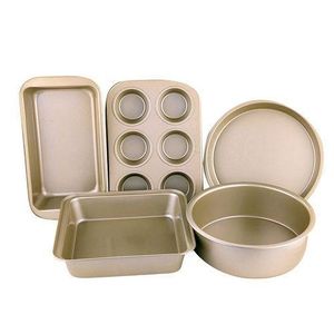 5-Piece Baking Set, Pizza Tray, Cake Mould, Toast Box,Square Plate,6-Cup Cake Mould,Gold.