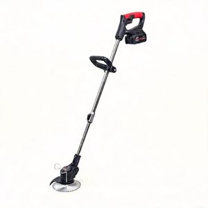 cordless electric grass trimmer and brush cutter featuring an adjustable aluminum telescopic pole, a red and black motor/handle assembly, a lithium-ion battery pack, and a circular saw-style cutting blade