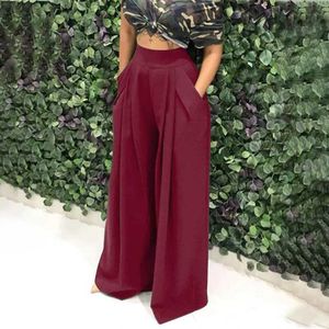 Womens Plus Size High Waist Wide Leg Maxi Long Pants Solid Color