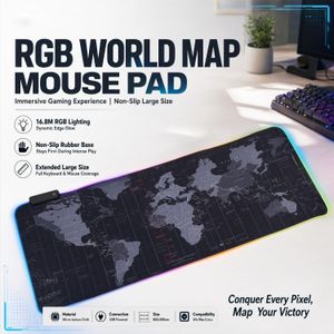 RGB Large Gaming Mouse Pad, 800×300mm World Map LED Mouse Mat with Non‑Slip Base for Computer Keyboard