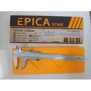 Epica Star 0-150mm vanier caliper with carbon steel four-way measurement capabilities for inside, outside, depth, and step dimensions.