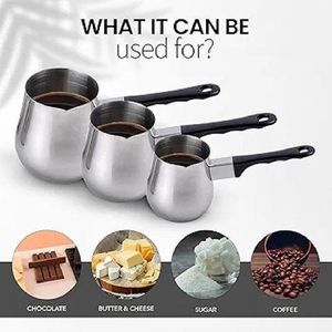 Alpine Cuisine 3pc Set - 6, 12, 24 Oz with Heat Resistant Bakelite Handle, Turkish Coffee Maker Butter Warmer Mini Stainless Steel Greek Coffee Heating Melting Milk Pot with Spout for Home & Café