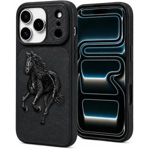 Santa Barbara Polo & Racquet Club iPhone 17 Pro Max Boris Case, Genuine Leather Back Cover with Embroidered Horse Logo, Shockproof Phone Cover with Camera Protection, Slim Fit, Black