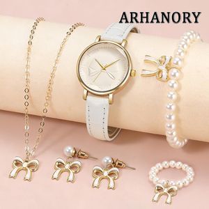 ARHANORY 5-Piece Bow Watch and Pearl Jewelry Set for Women Quartz Wristwatch Ladies Necklaces Bracelets - White