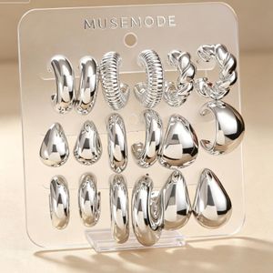9 Pairs Geometric Hoop Drop Shape Earrings Set for Women - Silver
