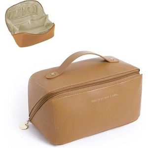 Large-Capacity Travel Makeup Bag Peachloft Cosmetic Bag Waterproof Makeup Organizer Bag for Women Portable Leather Traveling Makeup Bag Toiletry Bag With Handle and Divider, Brown