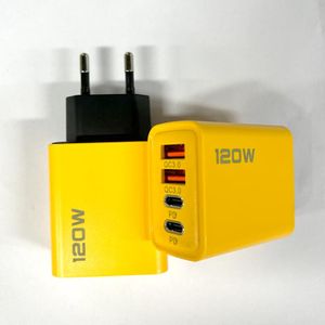 Fast Charging Cube 120W Yellow Bumblebee Super Charger with 2PD+2USB Ports, Travel Wall EU/US Plug for Laptops, Tablets, Mobilephones