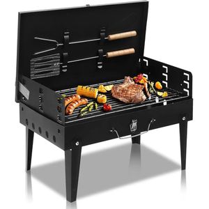 Portable Foldable Metallic Charcoal Barbeque Grill With Tong And Spatula - Multicolor