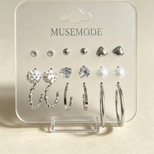 9 Pairs Vintage Stud & Hoop Earrings Set for Women - Silver Daily Wear