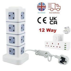 Universal Power Extension Cord with 12 Outlets 2 USB Ports, Vertical Tower Power Strip with Surge Protection, 2M Extension Lead Charging Station   Copper Extension Cord Home& Office & Workshop 