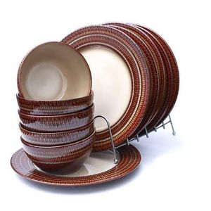 12 Piece Round Brown Band Food Plates, Bowls Dinner Set - Cream