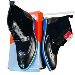Men's Black Leather & Suede Brogue Boots with Blue Sole