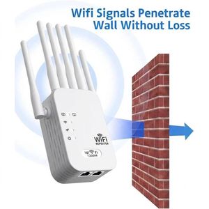 WiFi Repeater 1200M with 6 Antennas – 1200Mbps Dual Band Wireless Range Extender, 2 LAN Ports, Strong Wall Penetration, UK Plug – White
