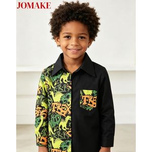 JOMAKE Long Sleeve Colour Block Shirt for Boys 2-13 years old, Green Dinosaur